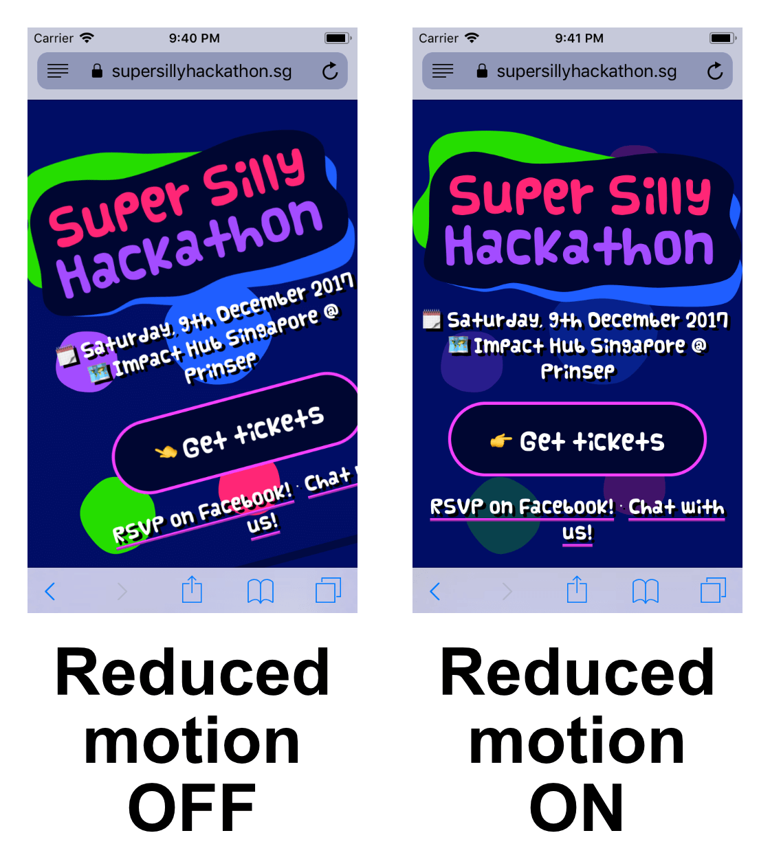 Super Silly Hackathon website with and without `prefers-reduced-motion` media feature