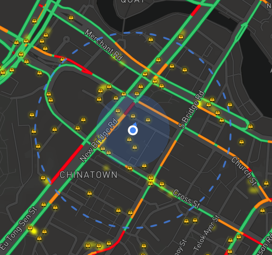 TaxiRouter SG, showing user's current location and taxis around