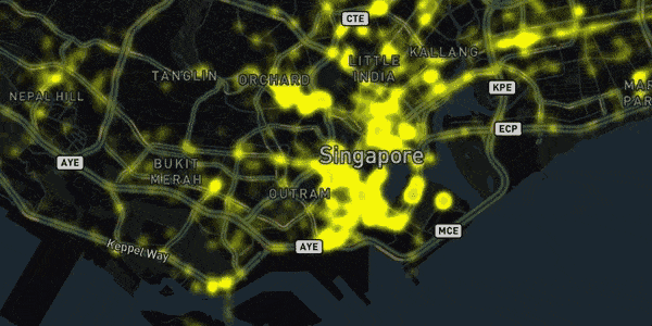 TaxiRouter SG, zoomed in from heatmap layer to show individual taxis