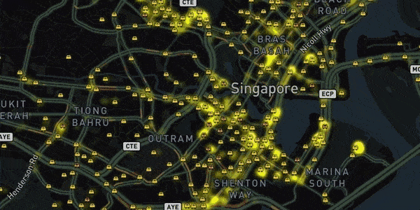 TaxiRouter SG, zoomed in to show taxi stands