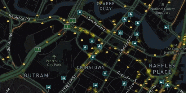 TaxiRouter SG, zoomed in to show all taxis, road-directions, POIs and buildings