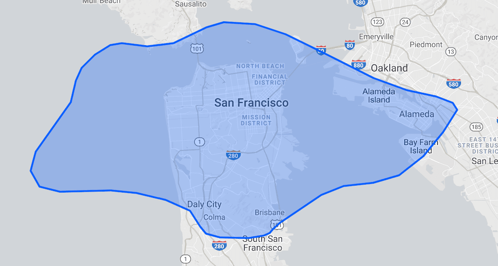 The true size of … Singapore and San Francisco; Singapore (blue region) being 3 times larger and overlapping on top of San Francisco