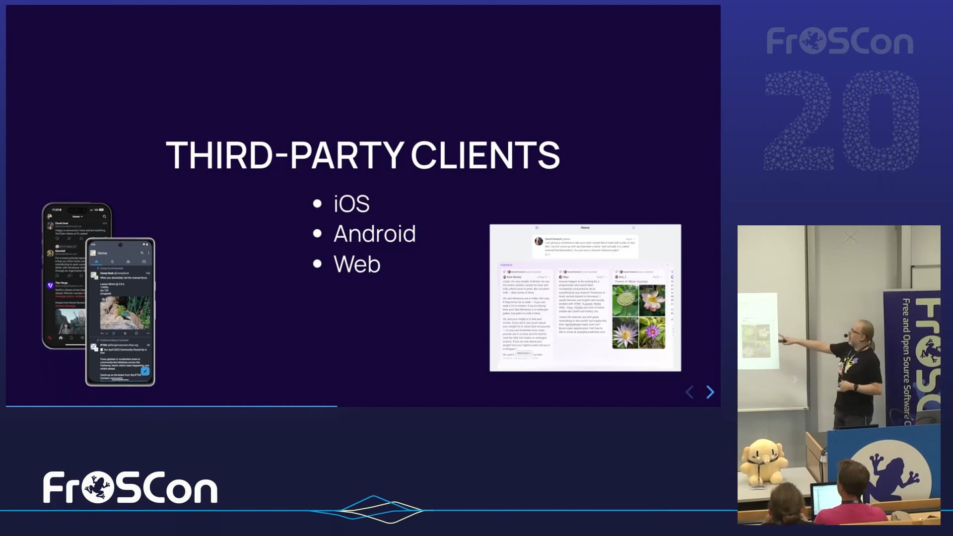 Video of the talk showing a slide titled "Third-party clients" with 3 bullet points (iOS, Android and Web) at FrOSCon