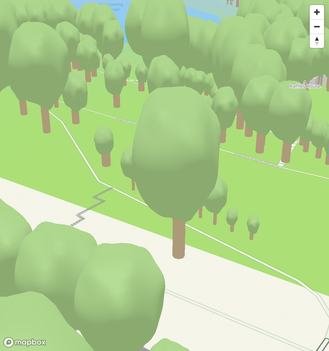 Closed up shot of 3D trees with green sphere and displacements on a map