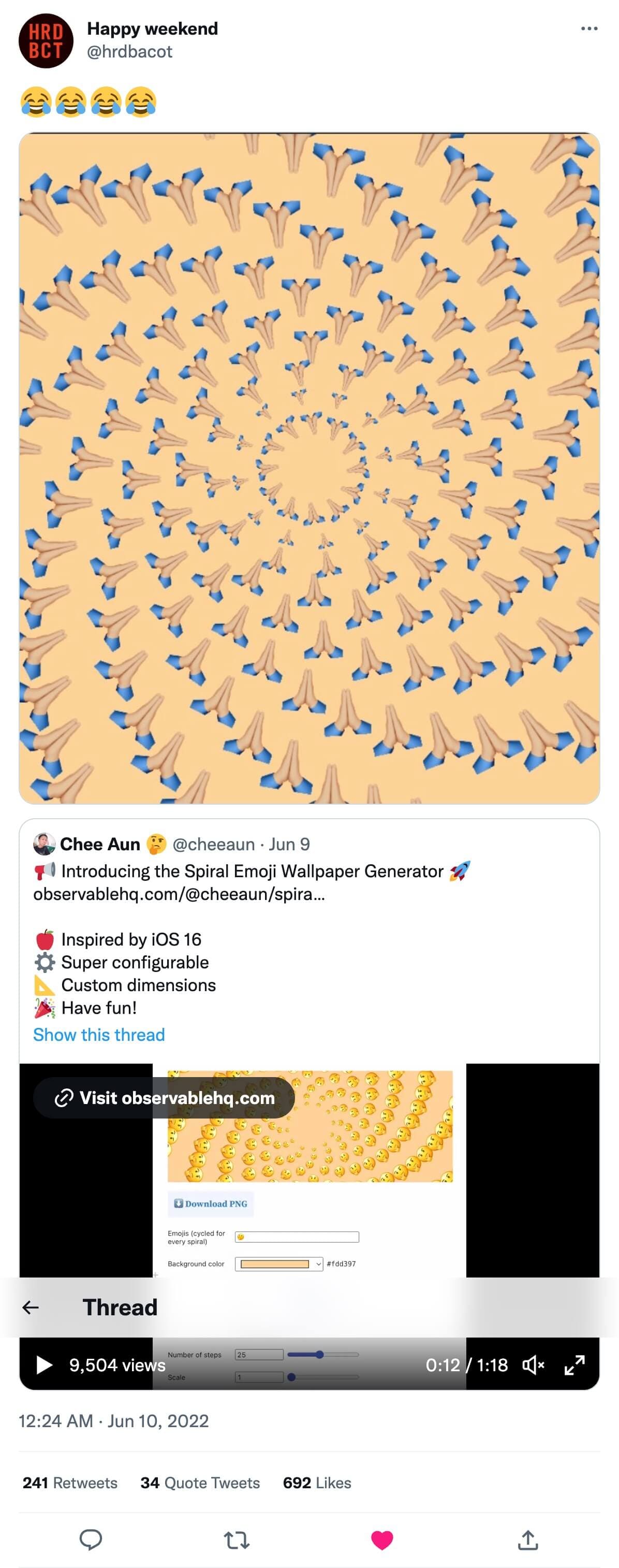 Twitter post by @hrdbacot, quote-tweeting my tweet about my Spiral Emoji Wallpaper Generator project, with a generated wallpaper of spiralling "🙏" characters. The quote-tweet received up to 200+ retweets, 30+ quote tweets and 600+ likes.