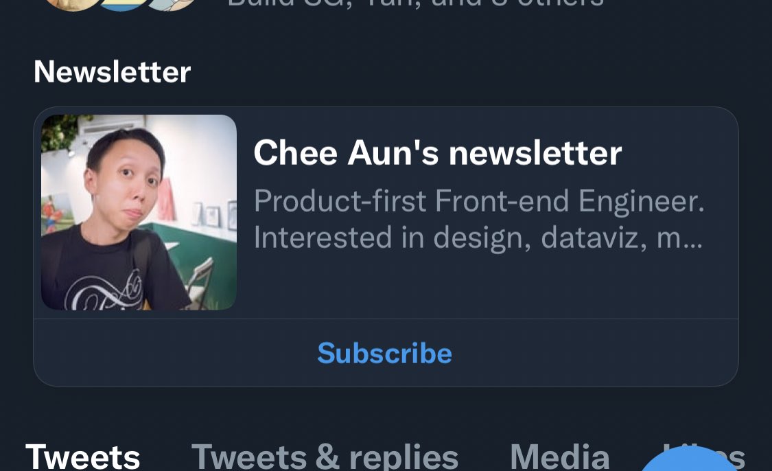 My Twitter profile showing my newsletter with Subscribe link
